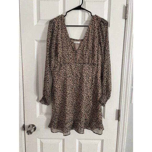 Abercrombie & Fitch Women's Large Leopard Print Babydoll Dress V Neck Mini - Picture 1 of 5